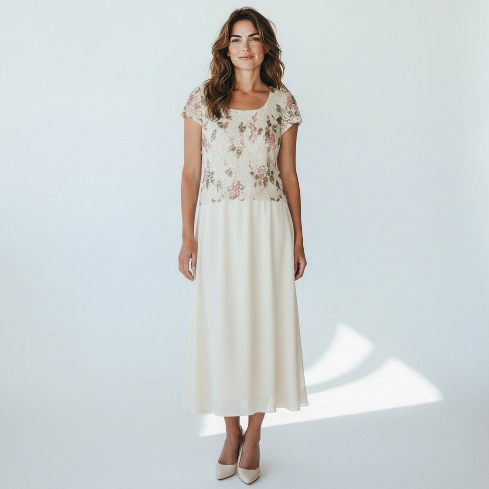 Studio C Floral Lace Chiffon Maxi Dress Womens Cream‎ Pink Excellent Scalloped